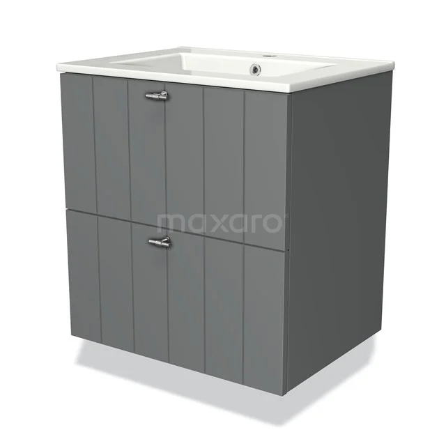 Grijs badkamermeubel met dubbele deuren, witte keramische wasbak en moderne handgrepen; perfect voor compacte badkamers.