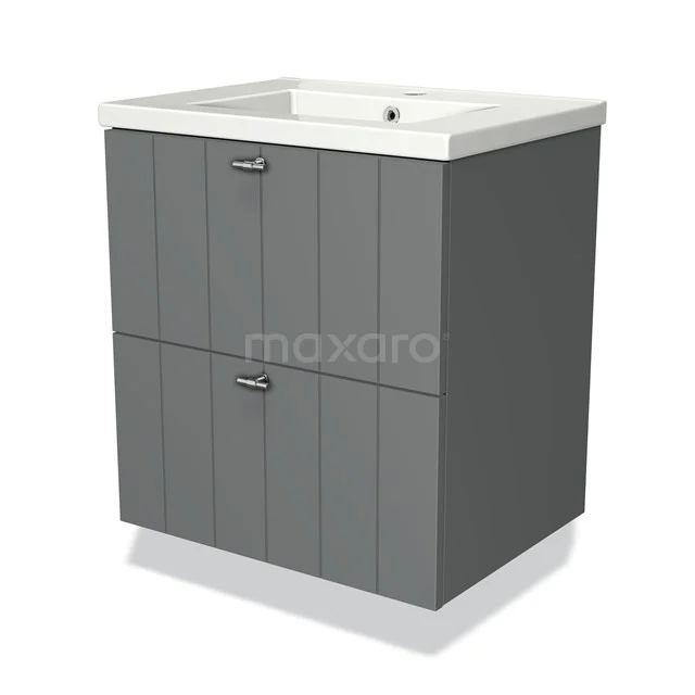 Grey bathroom furniture set with wood grain design, ceramic Basin and two drawers, ideal for modern bathroom design.
