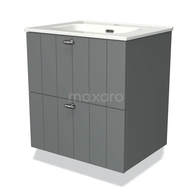 Grey bathroom cabinet with basin, wood look, two panel doors and modern chrome handles, ideal for stylish bathroom storage.