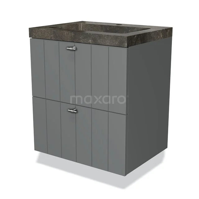 Grau Badmöbel mit Holzlook Waschbecken, kompaktes Design und vertikale Linien auf den Türchen, ideal für moderne Bäder.