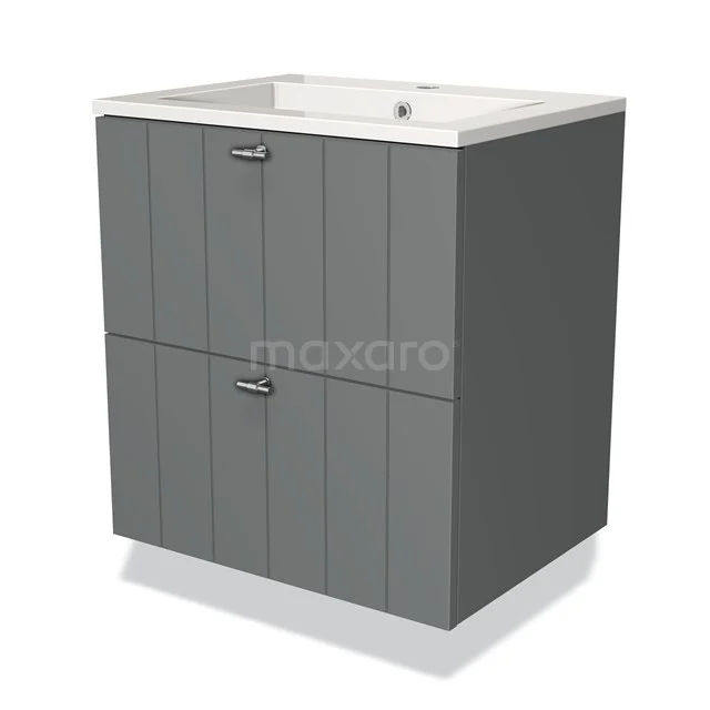 Grey bathroom furniture set with vertical grooves, matte finish, two drawers and integrated ceramic white basin.