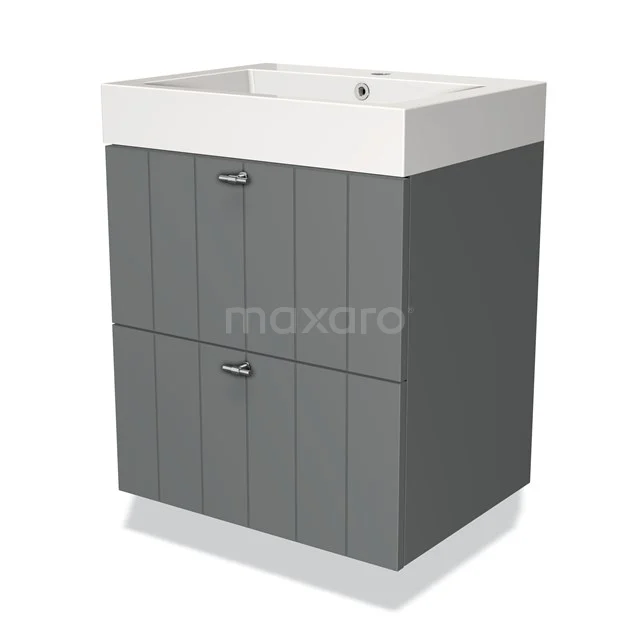 Grey bathroom unit with white vanity units with basin, two drawers without handles and modern lines in durable wood look.