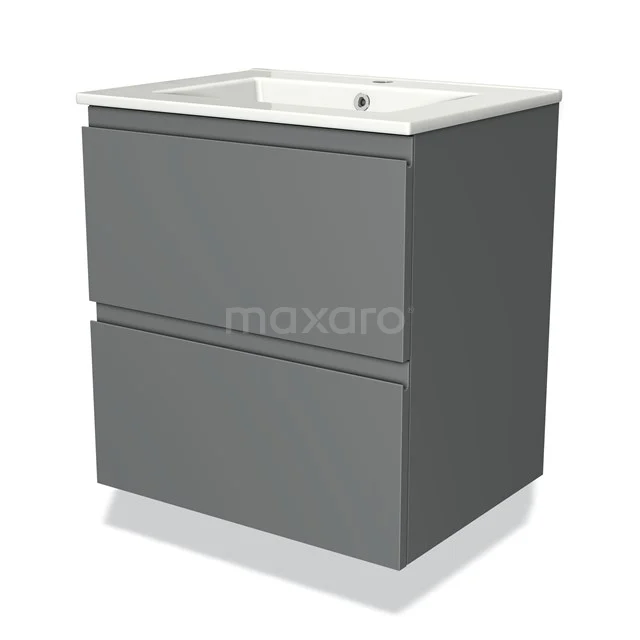 Grijze badkamermeubelset met twee lades en witte wastafel, strak design en moderne uitstraling.