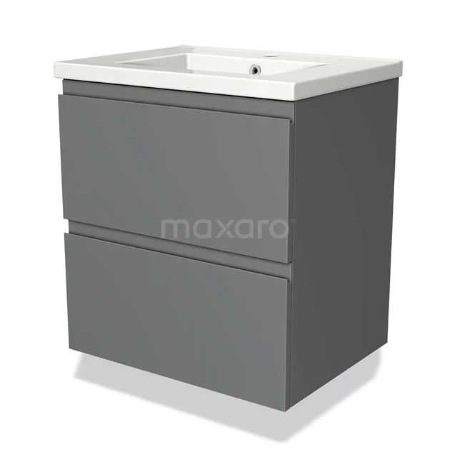 Grijze badkamermeubelset met 2 lades, strak design en keramische wastafel, ideaal voor een moderne badkamerinrichting.