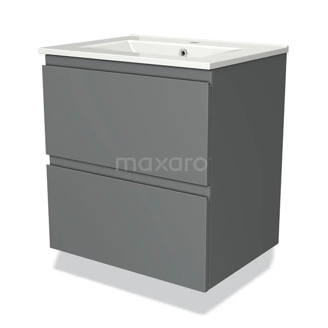 Grey bathroom furniture set with two drawers and white ceramic basin, sleek design for a modern bathroom.