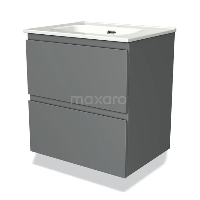 Grijze badkamermeubelset met twee lades en witte keramische wastafel, modern design voor een stijlvolle badkamer.