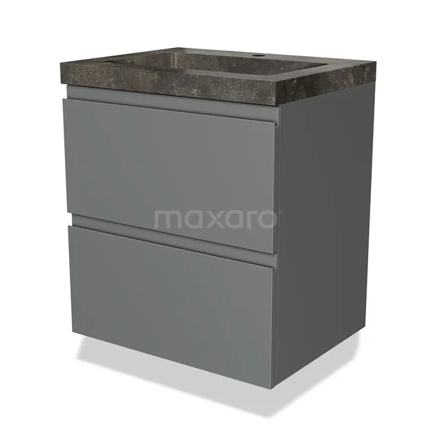 Grey bathroom furniture set with drawers and a dark ceramic worktop, ideal for modern bathrooms.
