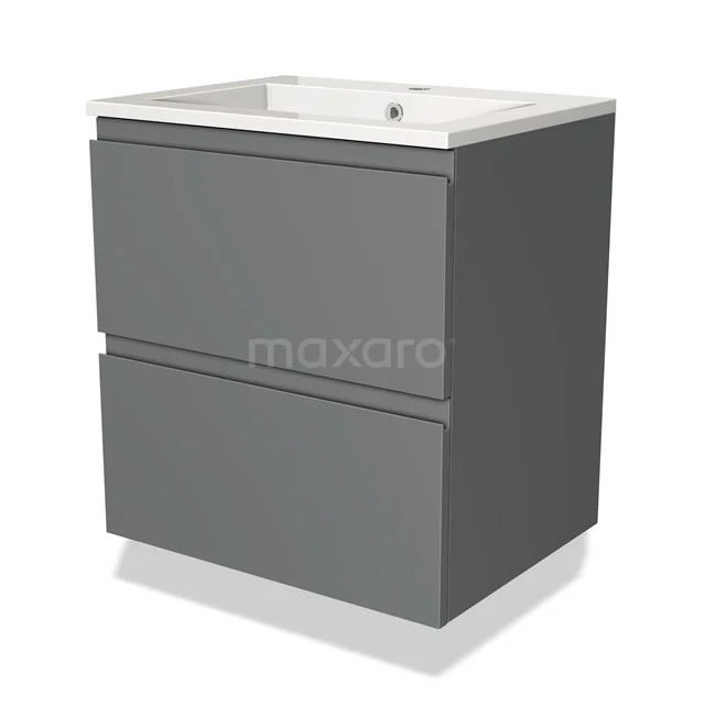 Grijze badkamermeubel met twee lades, mat afwerking en keramische wastafel, modern design voor een stijlvolle badkamer.