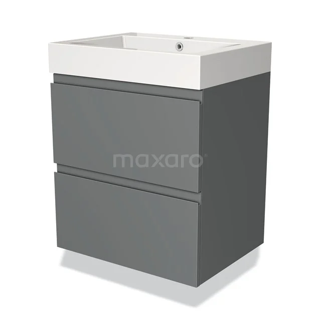 Grijze badkamerkast met twee lades, wit wastafelblad van keramiek, strak modern design, ideaal voor compacte badkamers.