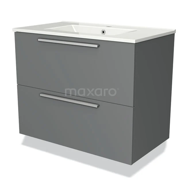 Grey bathroom furniture set with two drawers, modern design, including white ceramic basin for practical storage.