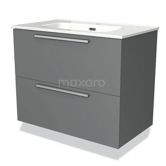 Grey bathroom furniture set with two drawers, modern design, including basin; ideal for stylish bathroom storage.