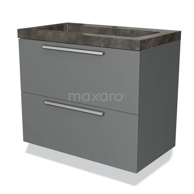Grijze wastafelmeubel met twee lades, keramische wasbak en strakke lijnen, ideaal voor een moderne badkamer inrichting.