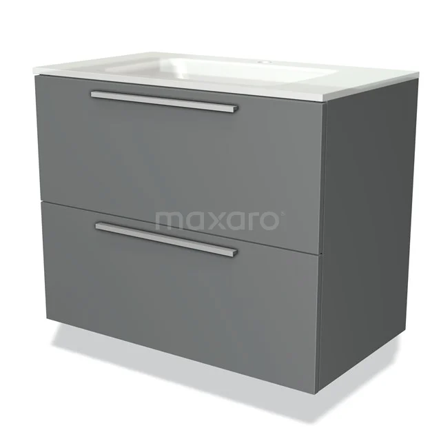 Grauer Badschrank mit zwei Schubladen, metallischen Haltegriffen und einem weißen Waschbecken; modernes Design, ideal für Badezimmerlagerung.