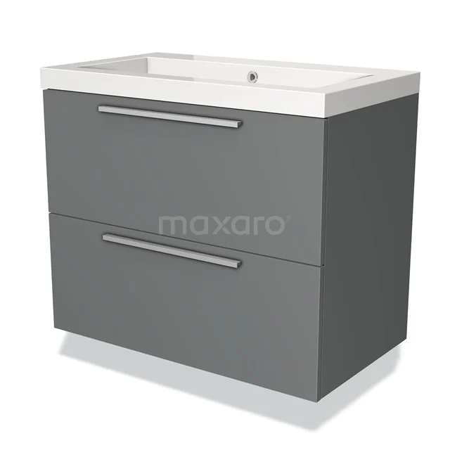 Grijs badkamermeubel met twee lades, modern design, metalen handgrepen en keramische wastafel uit de Elegance-serie.
