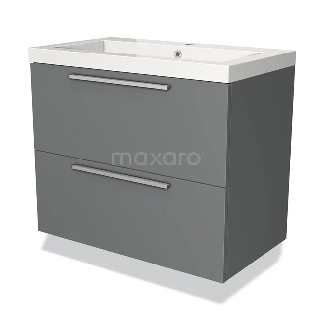 Grijze badkamermeubelset met twee softclose lades en een wit keramisch wastafelblad, modern design.