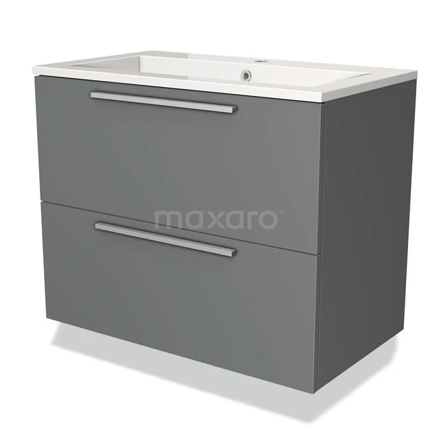 Grijze badkamermeubelset met keramische waskom, twee lades en zilverkleurige handgrepen. Modern design, ideaal voor elke badkamer.