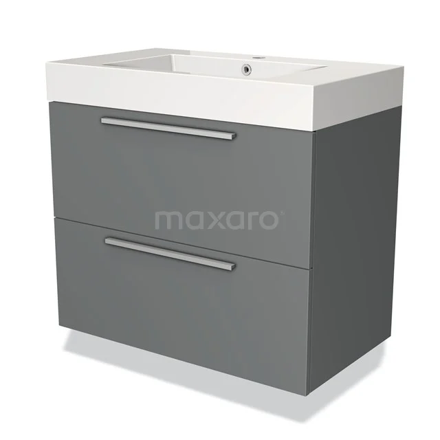 Grijze badkamerkast met twee lades, wit keramisch wastafelblad, modern design en aluminium handgrepen.