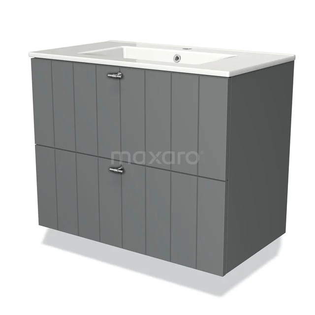 Grauer Badschrank mit Holzmaserungsmuster, zwei Schubladen und integriertem weißen Waschbecken, ideal für moderne Badezimmer.