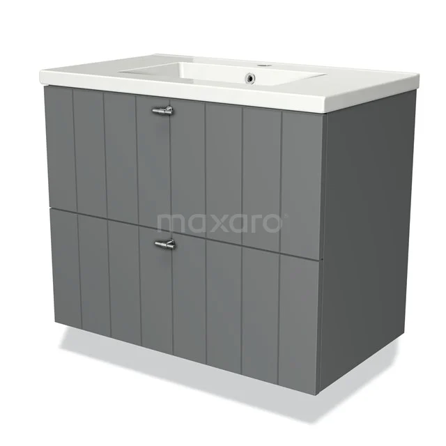 Grey bathroom furniture set with built-in basin, two drawers and vertical lines, perfect for modern bathrooms.