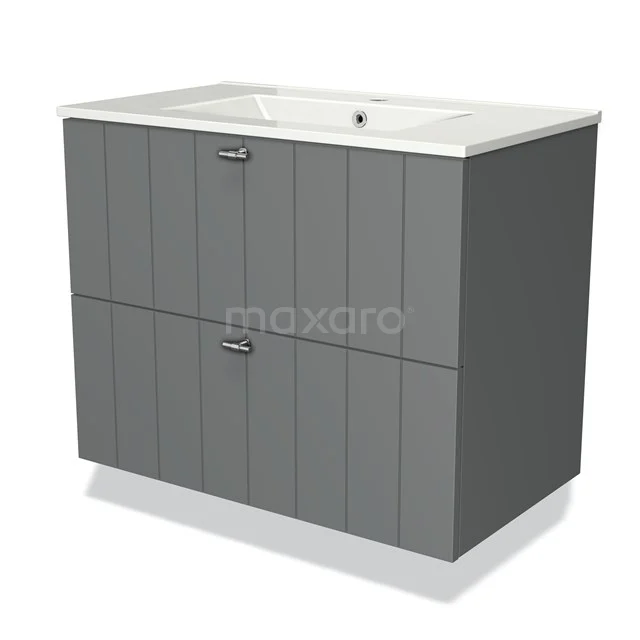 Bathroom unit in grey with vertical lines, two drawers and an integrated vanity units with basin, modern design from premium series.