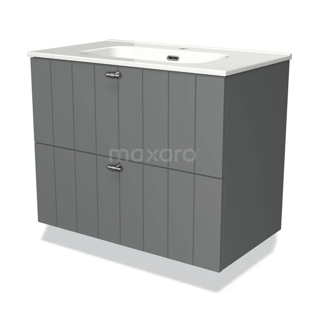 Modulo Vanity units with basin | 80 cm Mid grey Slat front Ceramic 2 Stacked drawers BMW17-01588 Grey bathroom cabinet with ceramic basin, modern rib structure, two drawers and integrated handles.