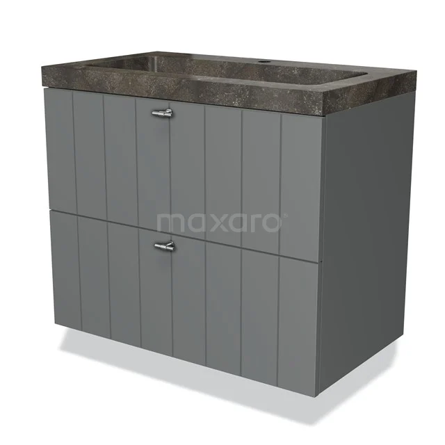 Grey wooden bathroom furniture set with 2 drawers and a concrete basin worktop, ideal for a modern bathroom design.