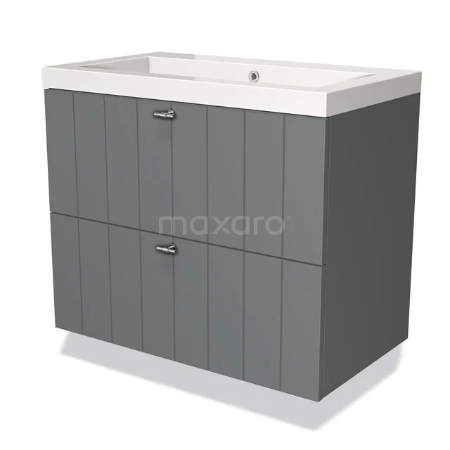Grey vanity unit with two drawers, wood-look pattern, integrated white ceramic basin, ideal for modern bathroom.