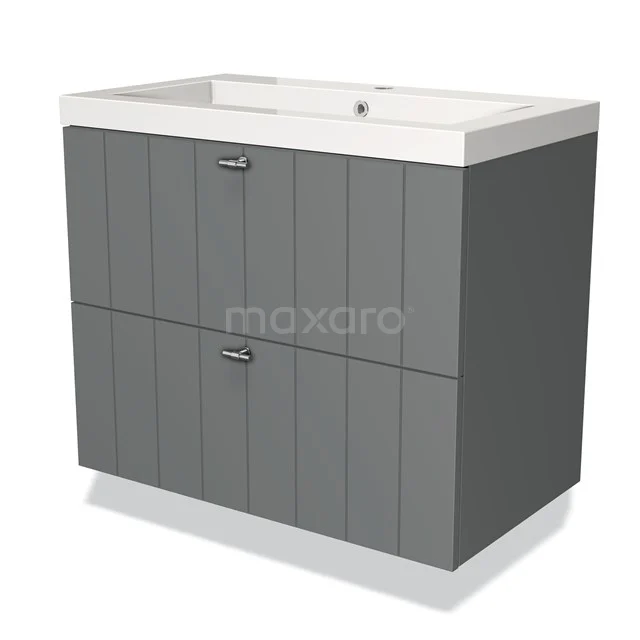 Grey bathroom furniture set with two drawers, white ceramic basin, modern design, ideal for stylish bathroom design.