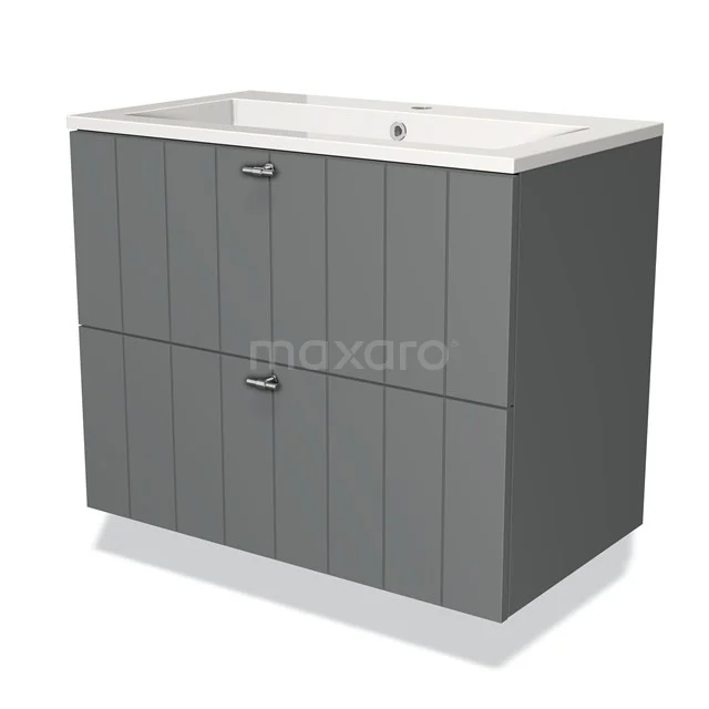 Grauer Badschrank mit zwei Schubladen, vertikalen Rillen und einem weißen Waschbecken, modernes Design, ideal für Badezimmerlagerung.