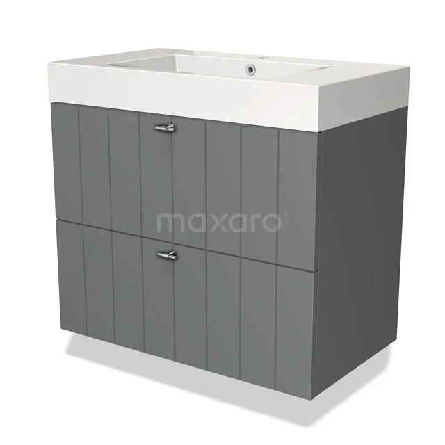 Grey washbasin set with vertical lines, two drawers and white ceramic sink, ideal for a modern bathroom.