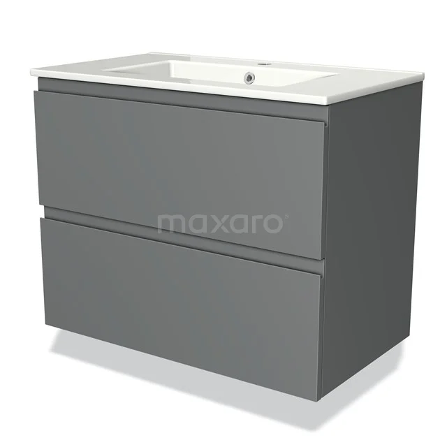 Grijze badkamerkast met keramische wastafel, modern design, twee brede lades, perfect voor opbergruimte in de badkamer.