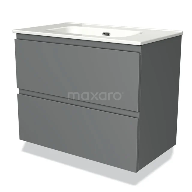 Grijze badkamermeubelset met geïntegreerde wastafel, modern design, twee lades, mat afwerking voor een stijlvolle badkamer.