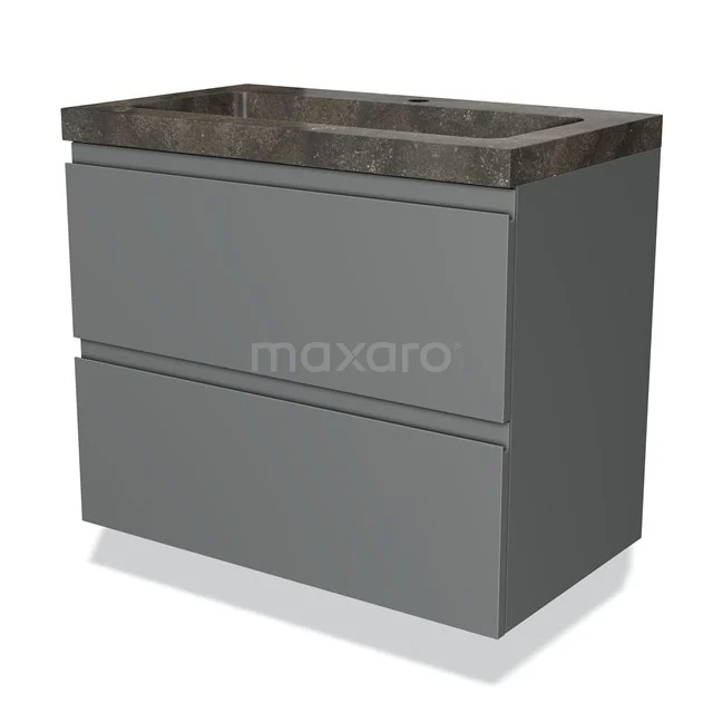 Grijze zwevende wastafelonderkast met dubbele lade en antraciet steenlook wastafel, ideaal voor moderne badkamers.