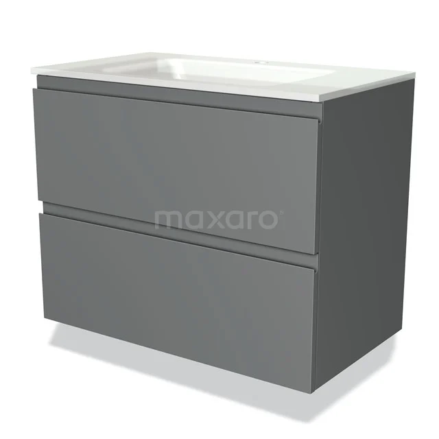 Grey bathroom cabinet with two drawers and white sink, modern design, ideal for bathroom storage and a sleek look.