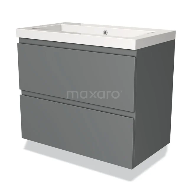 Grijze, rechthoekige badkamerkast met twee lades en witte wastafel; modern design, ideaal voor een stijlvolle badkamer.
