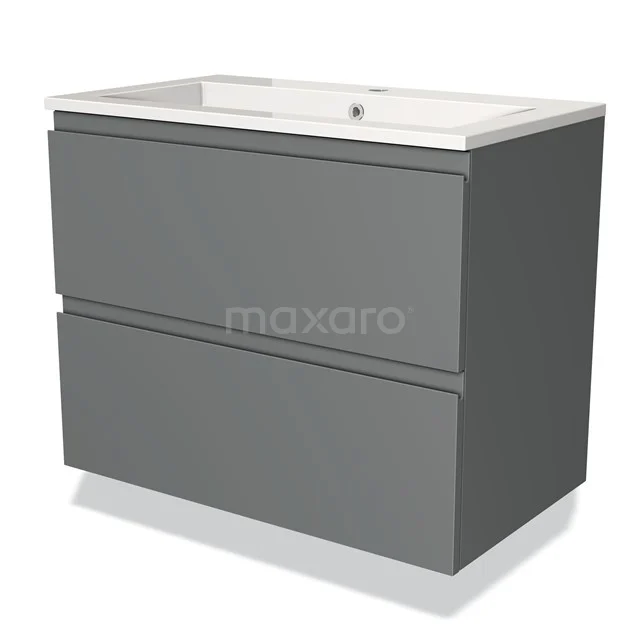 Dark grey bathroom furniture set with two drawers and white basin, modern design, perfect for stylish bathroom design.