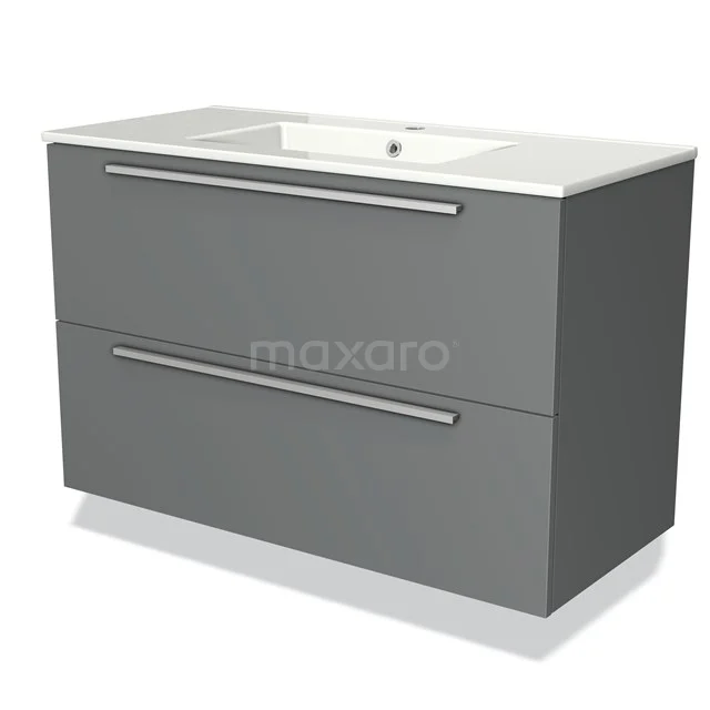 Grijze badkamermeubel met dubbele lades en witte wastafel, strak design, ideaal voor moderne badkamers.