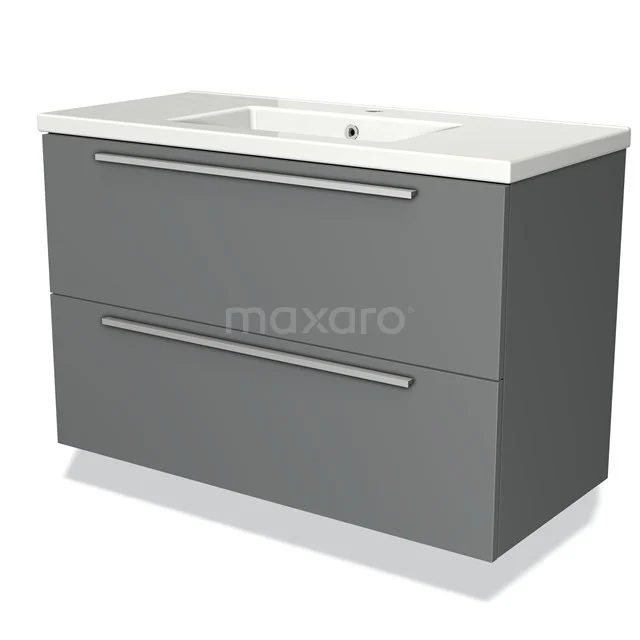 Grey Bathroom unit with two wide drawers, modern look and white vanity units with basin, ideal for stylish bathroom storage.