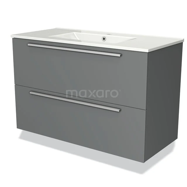 Grijze badkamerkast met twee lades en een witte wastafel, strak design, ideaal voor moderne badkamers.