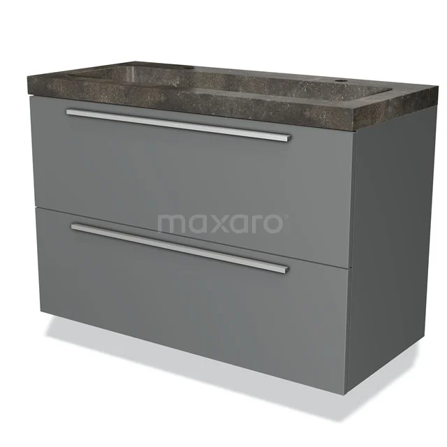 Grijze badkamermeubelset met dubbele lade, stijlvol kunstmarmeren wastafelblad en strak design voor een moderne badkamer.