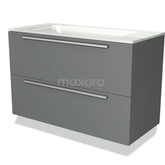 Grey bathroom vanity unit with double basin, sleek handles and white ceramic basin. Modern design.