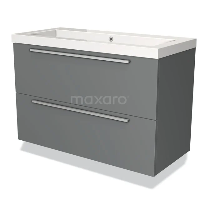 Grijze badkamermeubelset met twee lades, aluminium grepen en keramische wastafel, ideaal voor moderne badkamers.