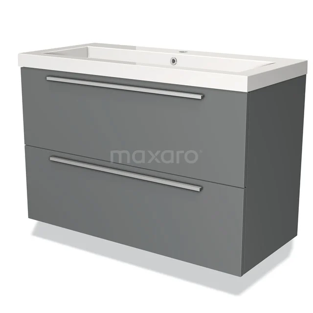 Grijze badkamermeubel met twee ruime lades, modern design, en een wit keramisch wastafelblad voor een strakke uitstraling.