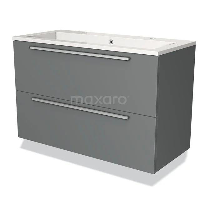Grijze badkamermeubelset met dubbele ladekasten en een witte wastafel, ideaal voor moderne badkamerruimtes.