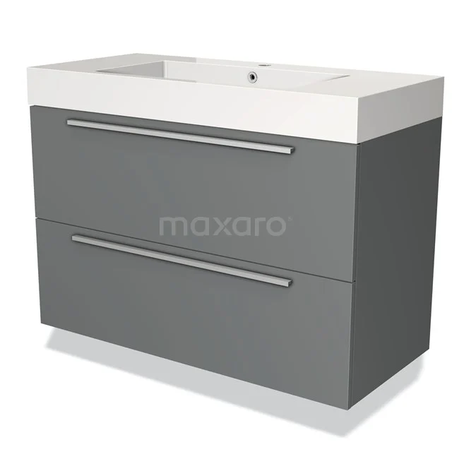 Grijze badkamerkast met twee lades, modern design en witte wastafel; ideaal voor stijlvolle badkameropslag.