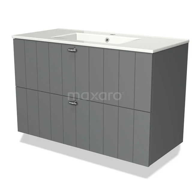 Grijze badkamermeubelset met dubbele lades, geïntegreerde wastafel en moderne verticale paneelstructuur.