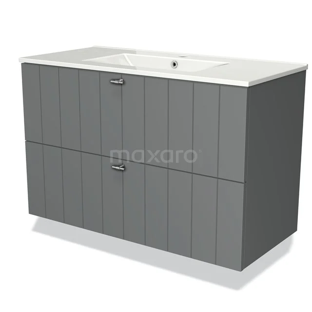 Grey wooden bathroom furniture set with double basin, integrated drawers and modern vertical lines structure.