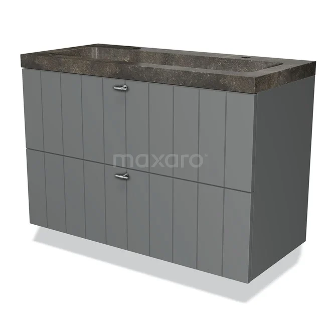 Grijze badkamermeubelset met twee lades, houten look en een betonnen wastafelblad, ideaal voor moderne badkamers.