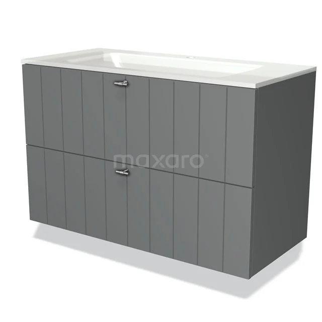 Grey wooden bathroom unit with double drawers and a white integrated vanity units with basin, ideal for a modern bathroom style.