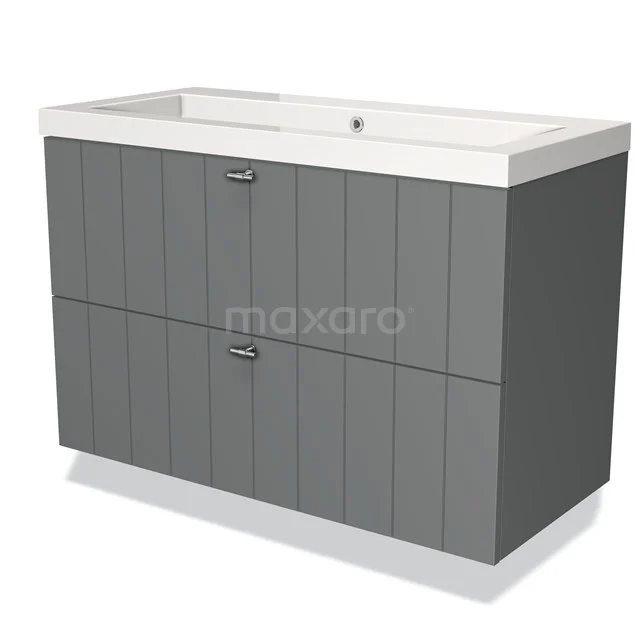 Grey bathroom furniture set with basin, vertical lines on the panels, modern design and spacious storage drawers.